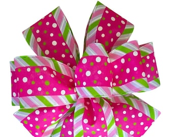 Spring Bow - Dark Pink and Green Dots and Stripes Bow - Handmade Bow - Easter Bow -  Wired Wreath Bow - Home Decor - Choose Size