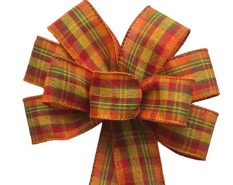 SMALL 6" Fall Plaid Bow - Handmade Bow - Wired Wreath Bow - Autumn Bow - Woven Bow - Orange and Yellow Plaid Bow - Thanksgiving Bow