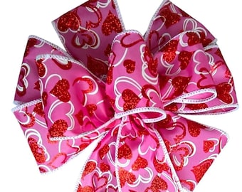 Valentine's Day Wired Wreath Bow - Glitter Hearts on Dark Pink Ribbon - Handmade - Choose Size