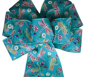 Blue Dragonfly Bow - Handmade Bow - Summer Bow - Bugs Bow - Pink Blue White Yellow Bow - Floral Bow - Wired Wreath Bow