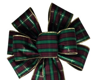 Burgundy and Green Stripe Christmas Wired Wreath Bow - Choose Size - Handmade