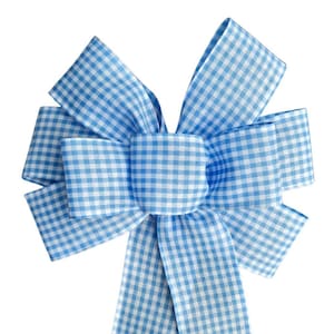 Light Blue and White Check Bow - Handmade Bow - Choose Size - Wired Wreath Bow - Spring Bow - Plaid Bow - Gingham Bow
