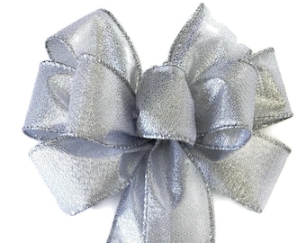 SMALL 6" Metallic Silver Bow - Handmade - Wired - Wreath Bow - Christmas Bow - Holiday Bow