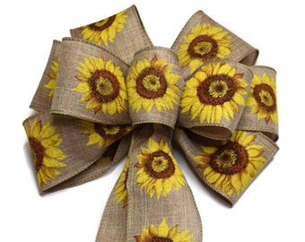 Sunflower on Natural Linen Bow - Handmade Bow - Wired Wreath Bow - Floral Bow - Yellow Bow - Fall Bow - Autumn Summer - Choose Size
