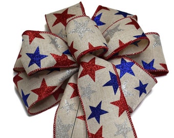 Patriotic Bow - Glitter Stars on Natural Linen Bow - Wired Wreath Bow - Handmade Bow - Americana Bow - USA Flag Bow - Choose Size