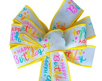 SMALL 6" Happy Birthday Bow - Handmade Bow - Linen Bow - Party Bow - Yellow Bow - Celebration Bow -