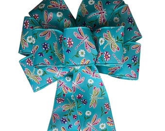 Blue Dragonfly Bow - Handmade Bow - Summer Bow - Bugs Bow - Pink Blue White Yellow Bow - Floral Bow - Wired Wreath Bow