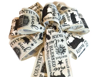 Country Bow - Handmade Bow - Wired Wreath Bow - Farm Animals Bow - Linen Bow - Black and Natural - Farmhouse - Choose Size - Cow Pig Rooster