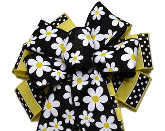 10"  Wired 2-Ribbon Daisy on Yellow and Black Stripe Ribbon Summer Wreath Bow