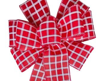 Valentine's Day Wired Wreath Bow - White on Red Trellis Pattern - Handmade - Choose Size