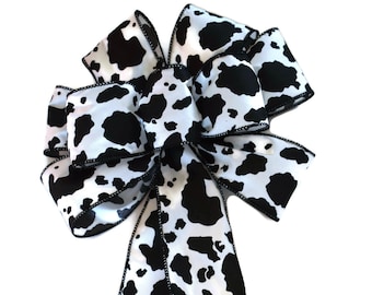 Black and White Holstein Cow Spot Bow - Wired Wreath Bow - Handmade Bow - Farm Bow - Country Bow - Choose Size - Linen Bow - Dairy Bow