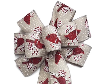Red Cardinal on Natural Linen Ribbon Bow - Handmade Bow - Wired Wreath Bow - Christmas Bow - Holiday Bow - Choose Size - Bird with Snow Bow