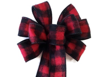 SMALL 6" Red & Black Buffalo Plaid Flannel Bow - Handmade Bow - Wired Wreath Bow - Holiday Bow - Christmas Bow - Home Decor
