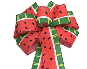 Watermelon Bow - Wired Wreath Bow - Handmade Bow - Summer Bow - Choose Size - Fruit Bow - Food Bow - Home Decor - Red and Green Bow