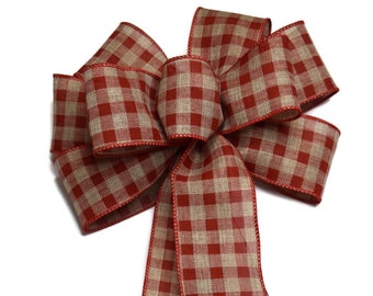 Red Natural Check Bow - Wired Bow - Handmade Bow - Choose Size - Plaid Bow - Country Bow - Holiday Bow - Christmas Bow