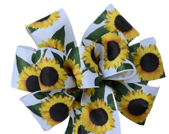 Small 5-6" Sunflower on White Ribbon Wired Wreath Bow