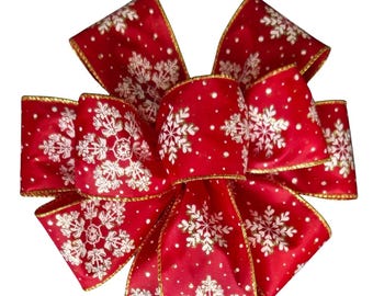 Snowflakes on Red Ribbon with Gold Accents Christmas Wired Wreath Bow - Choose Size - Handmade