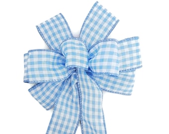 SMALL 6" Light Blue and White Check Bow - Handmade Bow - Wired Wreath Bow - Farmhouse Bow - Home Decor