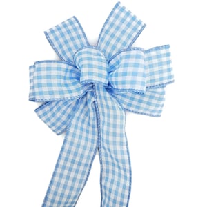 SMALL 6&quot; Light Blue and White Check Bow - Handmade Bow - Wired Wreath Bow - Farmhouse Bow - Home Decor