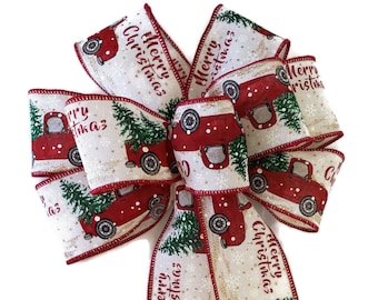 Antique Truck & Trees Bow - Handmade Bow - Wired Wreath Bow - Christmas Bow - Linen Bow - Holiday Bow - Red Bow - Choose Size