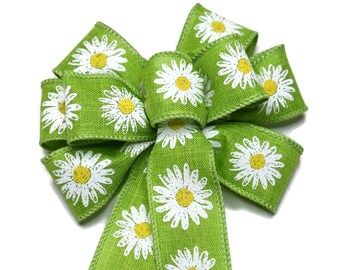 Small 6" Shasta Daisy on Lime Green Bow - Handmade Bow - Linen Bow - White Flowers - Floral - Spring Bow - Easter Bow
