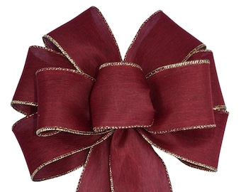 Cranberry Red with Gold Edge Wired Linen Bow - Handmade Bow - Christmas Bow - Holiday Bow - Wreath Bow