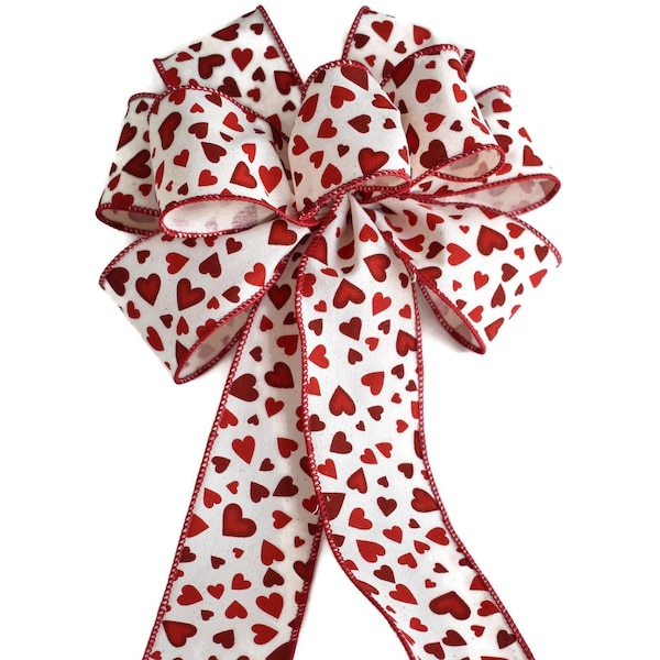 Wired Red Hearts on Cream Ribbon Valentine's Day Wreath Bow