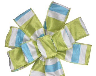 Aqua and Lime Stripe Bow - Handmade Bow - Wired Wreath Bow - Spring Bow - Choose Size - Faux Silk Bow - Home Decor - Blue Green White Bow