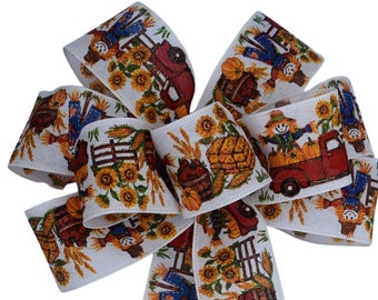 Fall Scarecrow Bow - Handmade Bow - Linen Bow - Wired Wreath Bow - Auytmn Bow - Harvest Bow - Pumpkin Truck - Choose Size