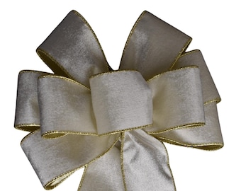 Plush Ivory Velvet with Gold Back Bow - INDOOR Bow - Handmade Bow - Wired Wreath Bow - Holiday Bow - Choose Size - Christmas Bow
