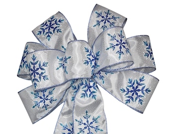Metallic Blue Snowflakes on White Satin Ribbon Bow - Handmade Bow - Wired Wreath Bow - Christmas Bow - Choose Size - Holiday Bow