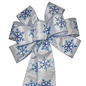 Metallic Blue Snowflakes on White Satin Ribbon Bow - Handmade Bow - Wired Wreath Bow - Christmas Bow - Choose Size - Holiday Bow