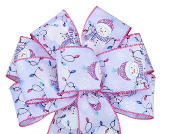 Blue and Magenta Snowman Christmas Wired Wreath Bow