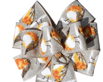 Winter Bird with Snow on Natural Ribbon Wired Wreath Bow