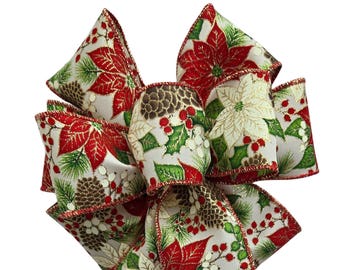 Handmade Poinsettia and Pine Cones Christmas Wreath Bow - Choose Size - Wired Ribbon, Holiday, Gold, Green, Red
