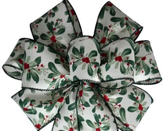 Handmade Mistletoe Christmas Wreath Bow - Choose Size - Wired Ribbon, Holiday, White, Green