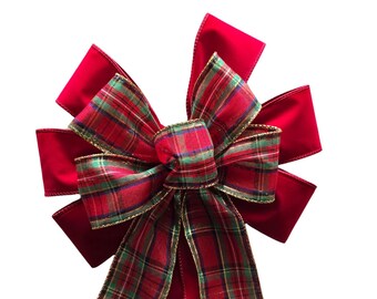 Handmade 10" Red Velvet and Plaid Christmas Wreath Bow, Wired, Holiday Decoration