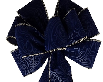 Handmade Embossed Navy Blue Velvet with Gold Edge Wreath Bow, Wired, Holiday Decor, Christmas Decoration, Choose Size