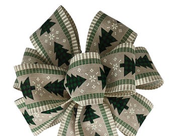 Handmade Green and Tan Tree Christmas Wreath Bow - Choose Size - Wired Ribbon, Holiday, Stripe