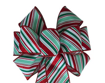 Handmade Red and Green Stripe Christmas Wreath Bow - Choose Size - Wired Ribbon, Holiday, White, Green, Lime