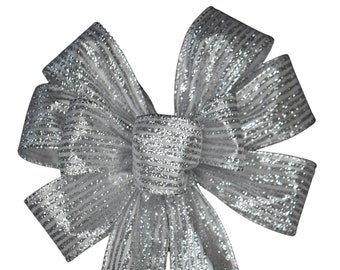 Silver Glitter Bow - Handmade Bow - Christmas Bow - Wired Bow - Wreath Bow - Choose Size - Metallic Bow - Holiday Bow