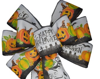 Happy Halloween Bow - Handmade Bow - Choose Size - Wired Wreath Bow - Fall Bow - Pumpkin Bow - Jack O'Lantern Bow