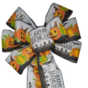 Happy Halloween Schleife - Handgemachte Schleife - Wahlweise Größe - Drahtkranz Schleife - Herbst Schleife - Kürbis Schleife