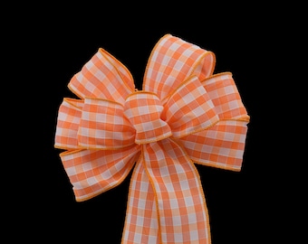 Orange & White Check Bow - Handmade Bow - Plaid Bow - Fall Bow - Halloween Bow - Wired Wreath Bow - Choose Size