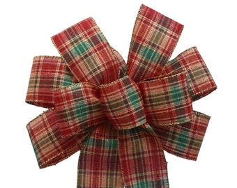 Red, Green and Gold Plaid Wired Christmas Wreath Bow