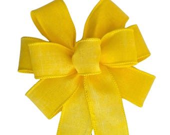 SMALL 6" Bright Yellow Bow - Linen Bow - Handmade Bow - Wired Wreath Bow - Spring Bow - Home Decor