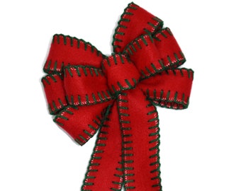 SMALL 6" Red Felt with Green Blanket Stitch Bow - Handmade Bow - Christmas Bow - Holiday Bow - Wired Wreath Bow