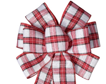 White, Red and Black Plaid Woven Bow - Handmade Bow - Christmas Bow - Wired Wreath Bow - Holiday Bow - Choose Size