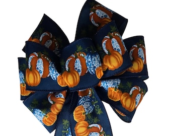 Handmade Pumpkin on Navy Blue Wired Wreath Bow Decoration, Orange (Choose Size)