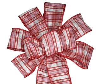 Red and White Plaid Bow - Handmade Bow - Wired Wreath Bow - Dupioni Bow - Valentine's Day Bow - Choose Size - Home Decor - Holiday Bow